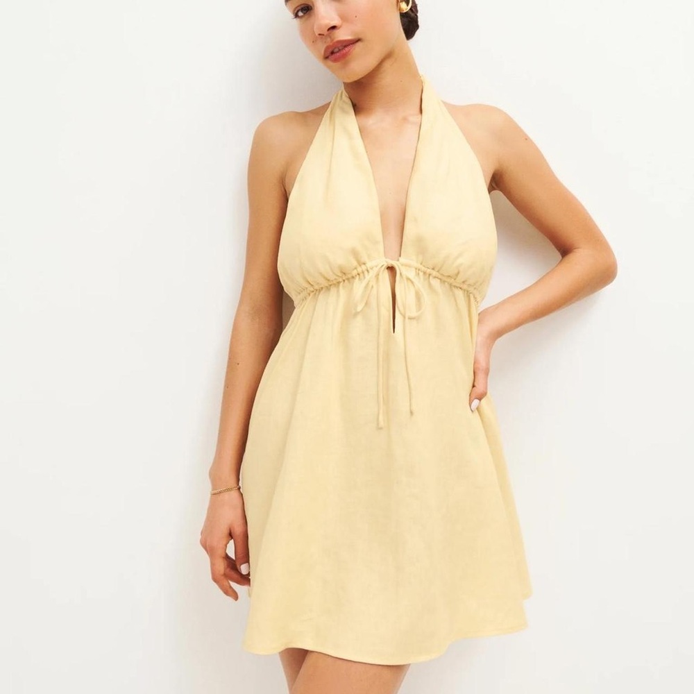 Reformation Yellow Linen Halter Dress